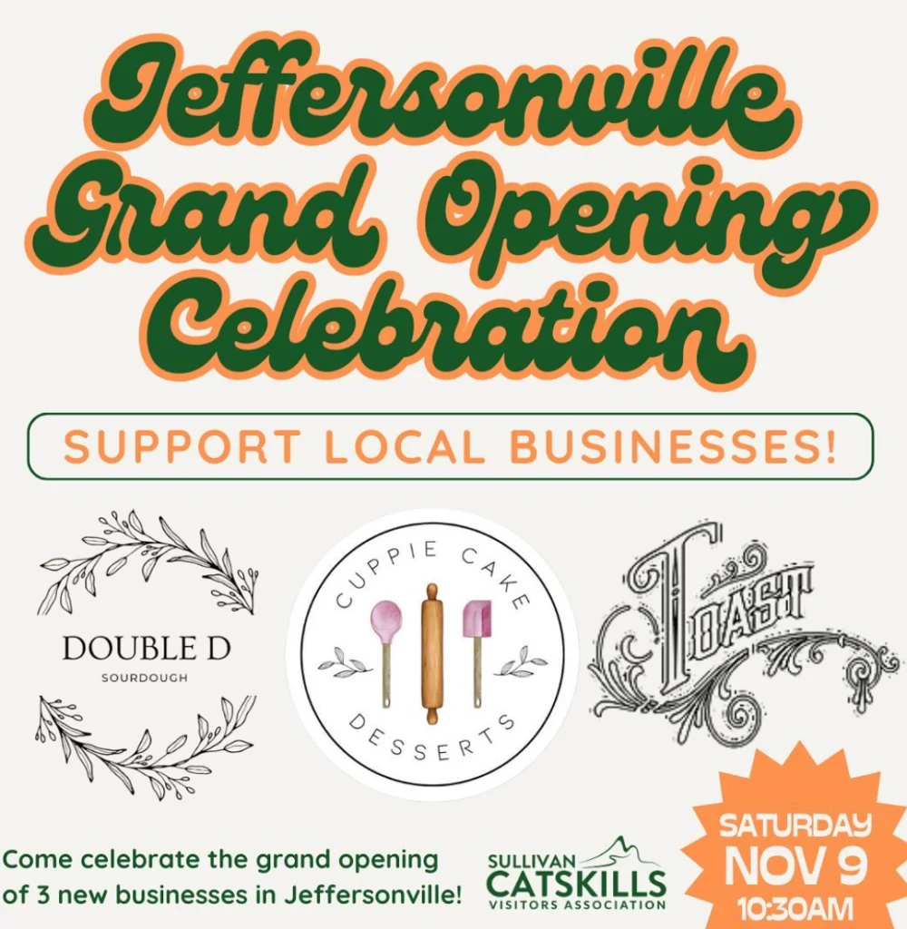 Event poster for Jeffersonville's grand opening celebration, highlighting local businesses including Double D, Cuppie Cake Desserts, and Toast, scheduled for November 9.