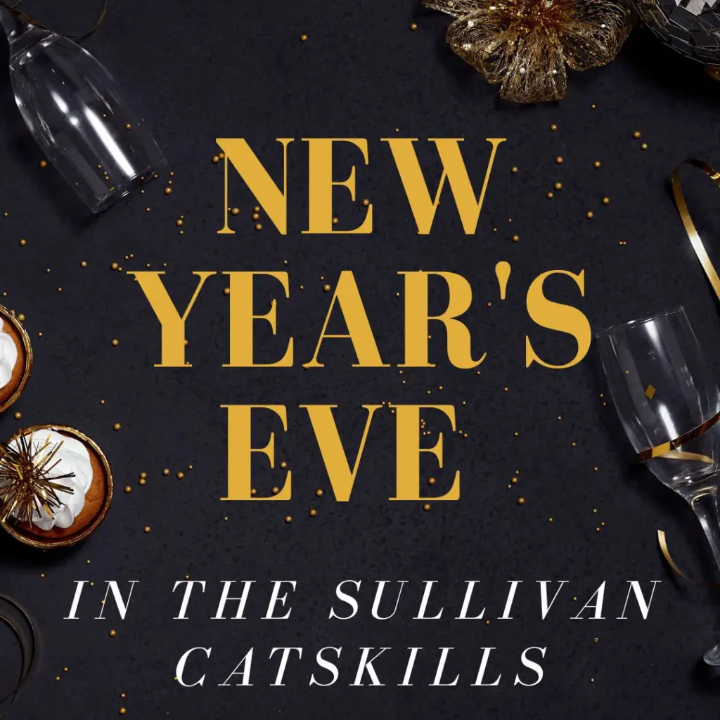 A festive New Year's Eve invitation featuring sparkling decorations, champagne glasses, and a dark background with gold text.
