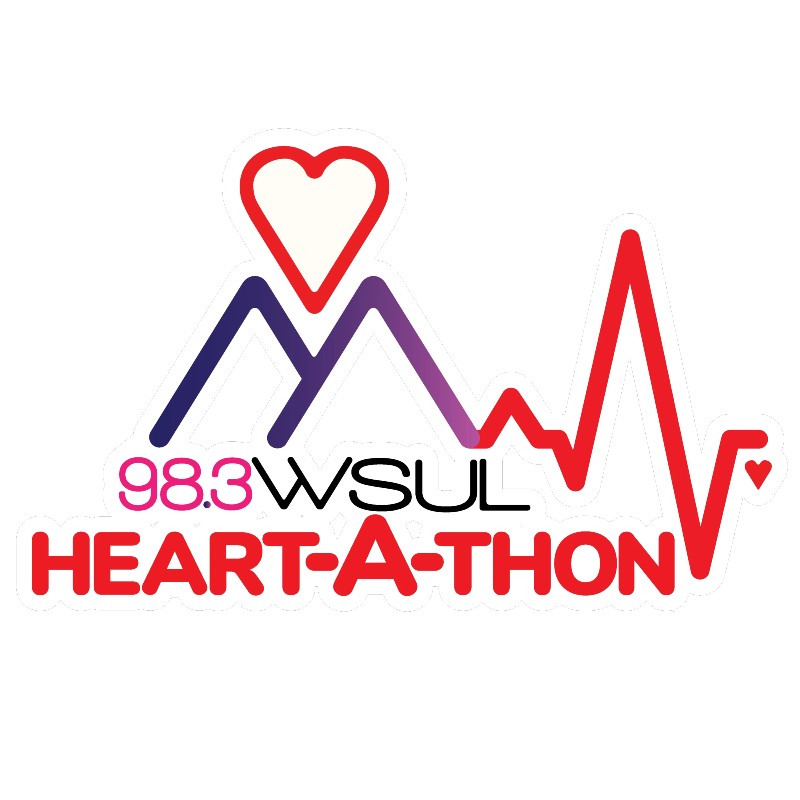 A logo combining mountains, a heart, and a heartbeat line, featuring the text '98.3 WSUL HEART-A-THON' in bold colors.