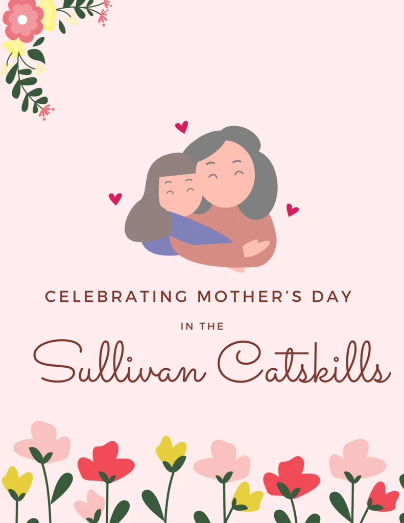A warm Mother's Day greeting featuring an illustration of a mother and child, surrounded by flowers and hearts, with a pink background.
