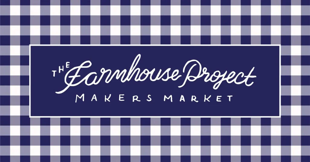 A blue and white checkered background with a stylish text logo for 'The Farmhouse Project Makers Market'.