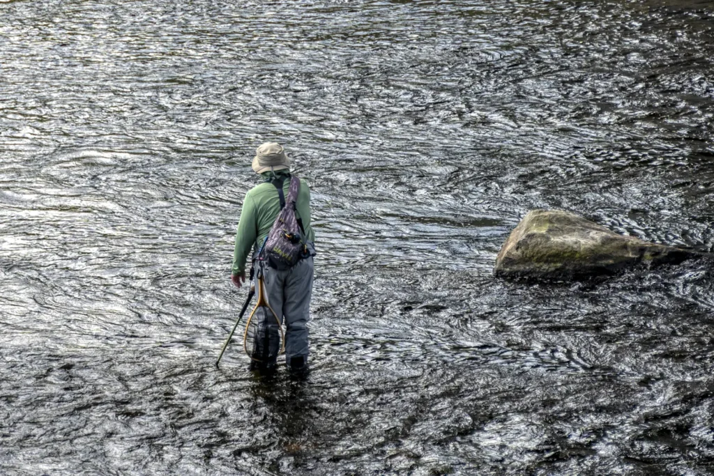 A person wades through a river, holding a rod, surrounded by flowing water and a large rock.