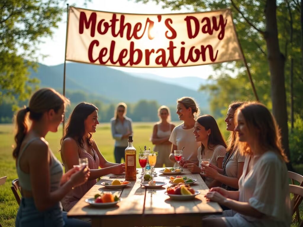 Group of people celebrating Mother’s Day with a festive brunch and drinks.