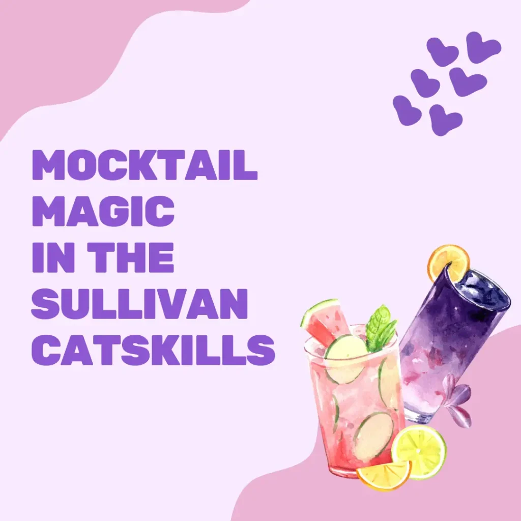 Colorful mocktails illustrated with decorative elements and text highlighting an event in the Sullivan Catskills.