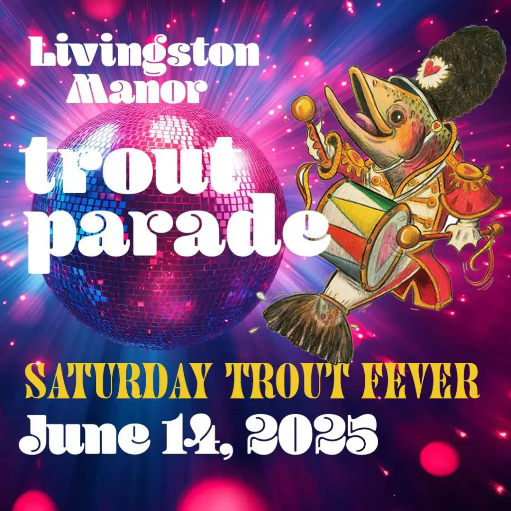 A colorful invitation for Livingston Manor's Trout Parade featuring a cartoonish fish playing a drum, with disco elements and event details.