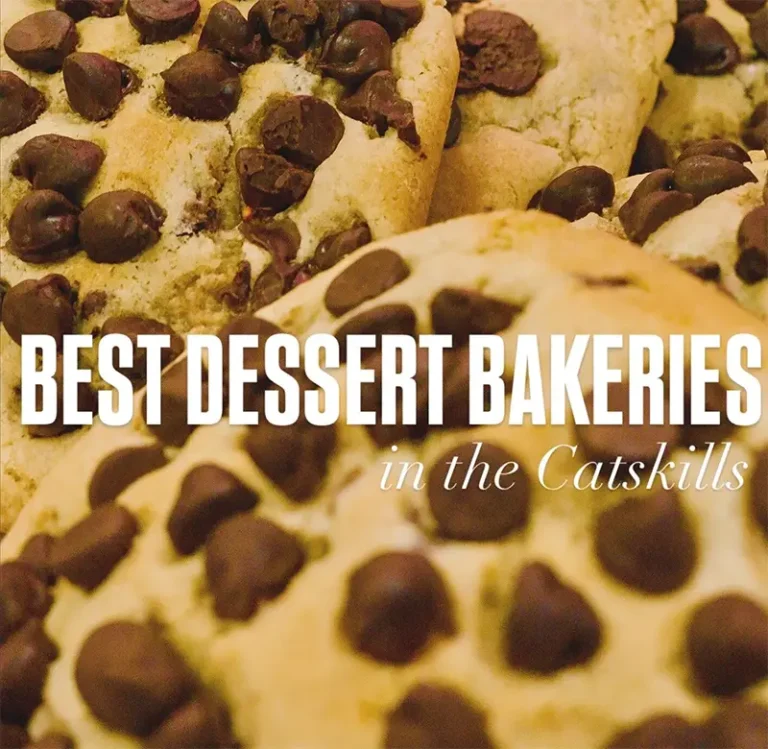Delicious chocolate chip cookies with a soft texture and abundant chocolate chips, overlaid with text promoting the best dessert bakeries in the Catskills.