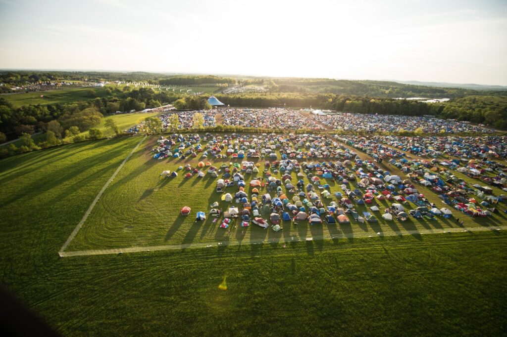 Aerial view of camping at Bethel Woods, where Woodstock was once held. 