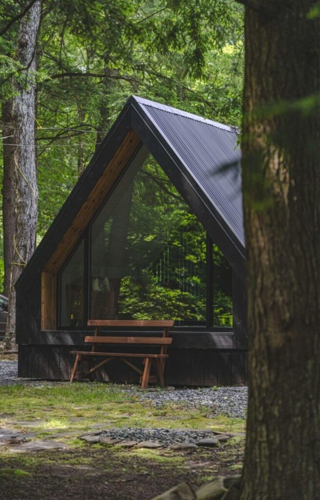 Exterior of a Covered Bridge A-Frame in the Sullivan Catskills. 