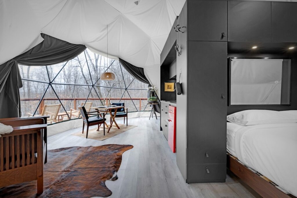 Chic interior of a dome stay in the Sullivan Catskills.