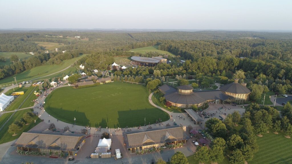 An aerial view of the Bethel Woods Art Center.