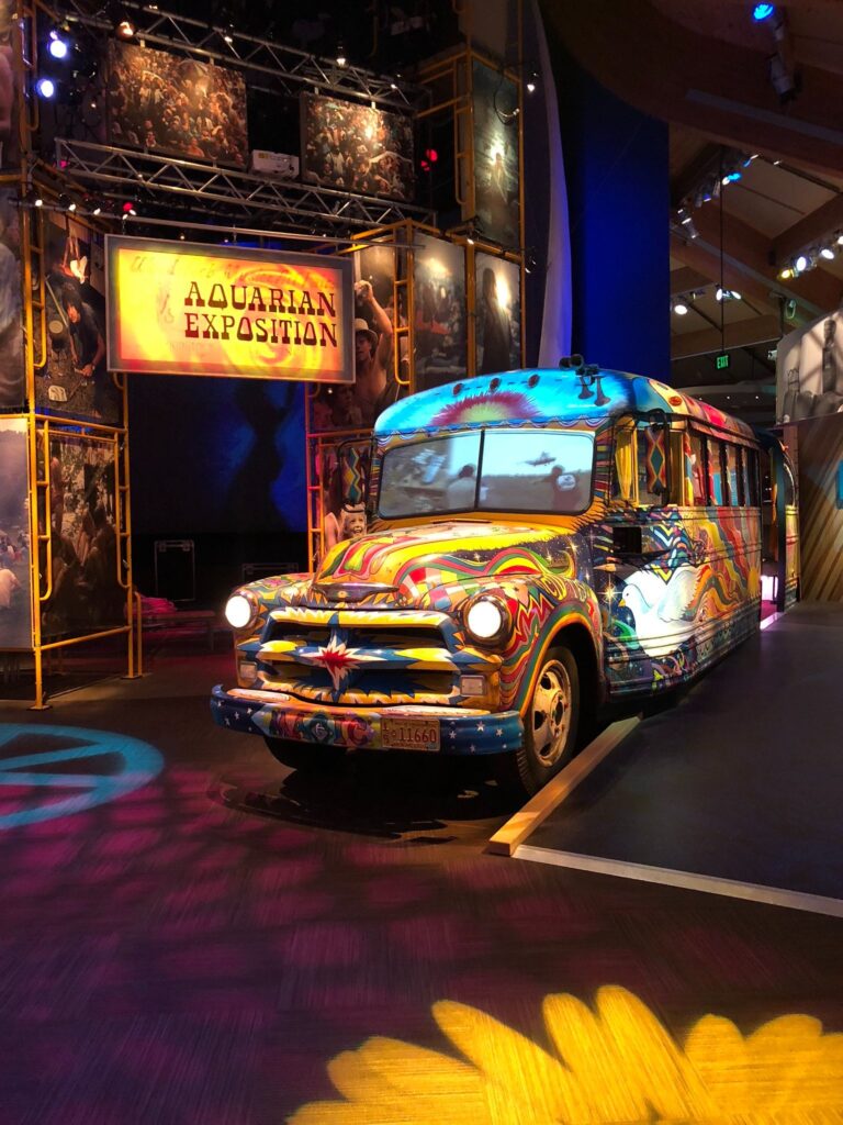 An artist painted school bus in an exhibit in the Bethel Woods Center for the Arts museum.