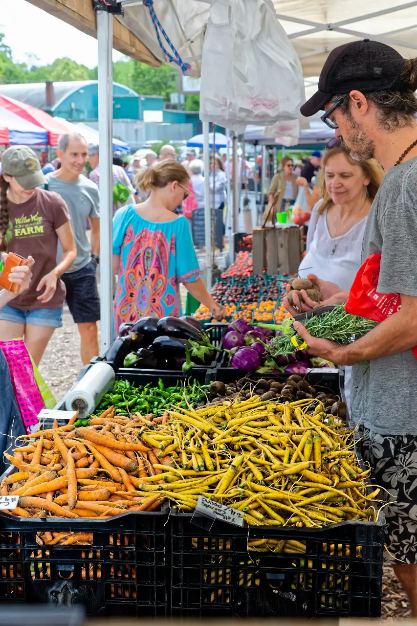 A bustling farmer's market with vendors and shoppers, showcasing a vibrant assortment of fresh vegetables in baskets.
