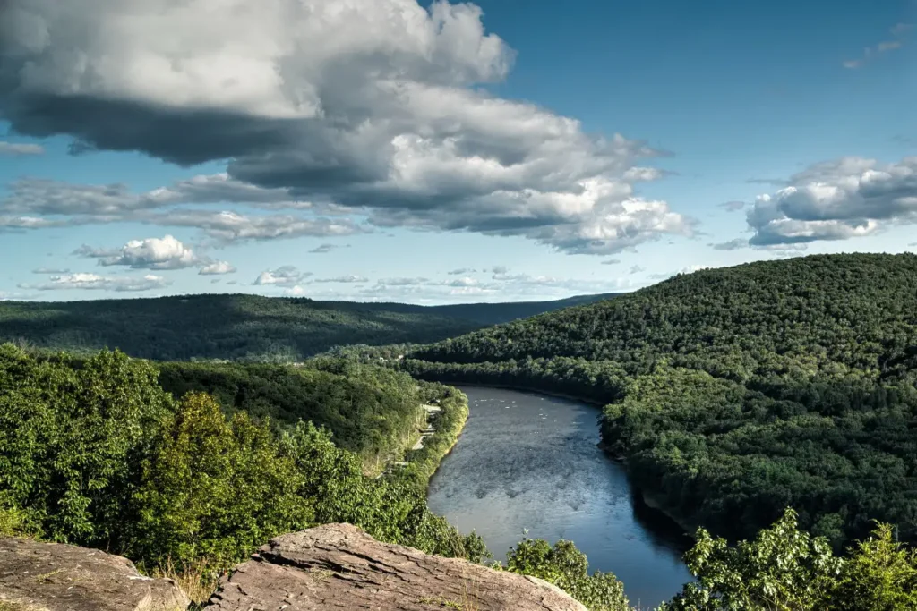 A view of the Sullivan Catskills and Delaware River from Hawk's Nest Lookout. 