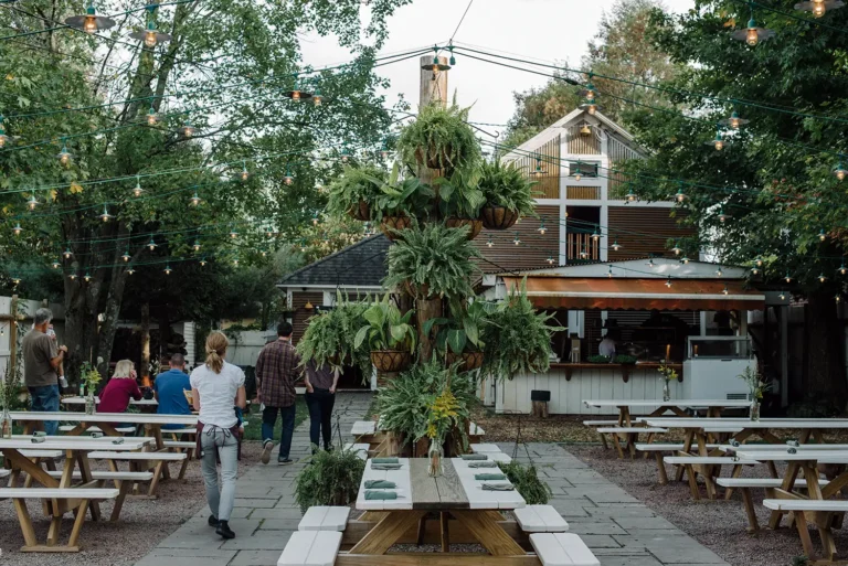 A cozy outdoor space with picnic tables, greenery, and string lights, featuring a bar and people walking around.