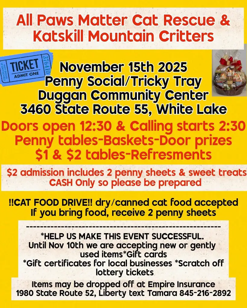 A community event flyer detailing a penny social, including activities, admission details, and a cat food drive.
