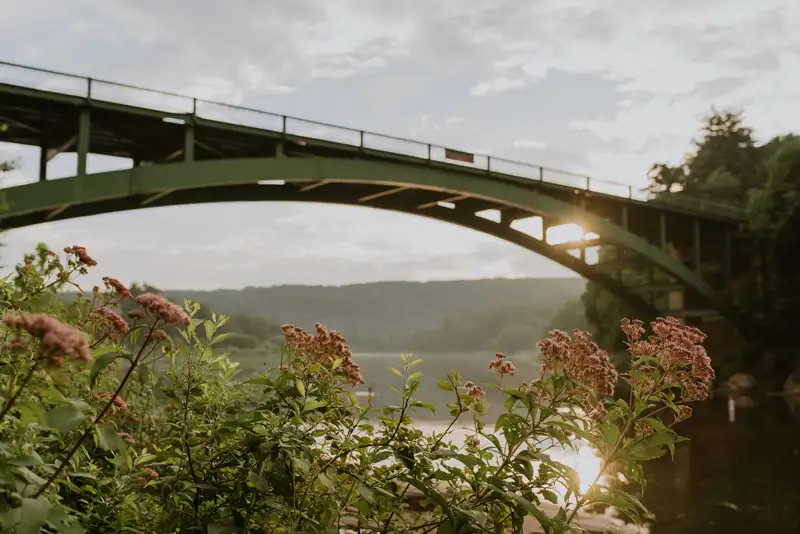 A green bridge arches over a serene river, surrounded by lush foliage and blooming flowers under a soft, cloudy sky.