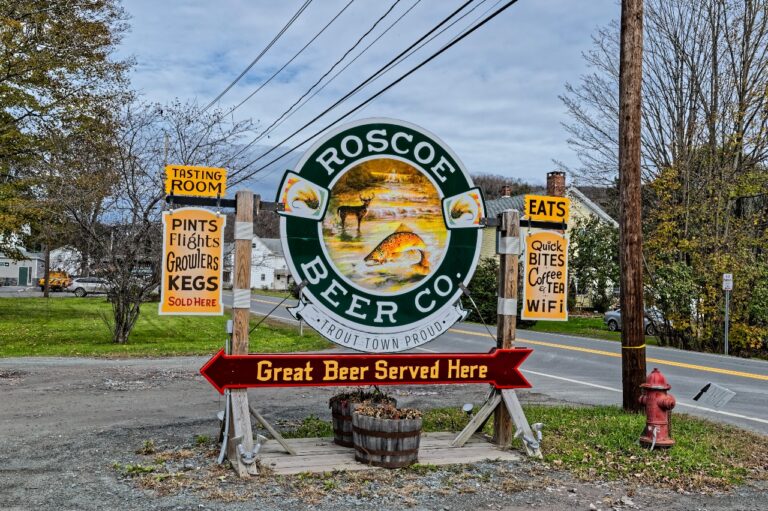 Exterior colorful signage for the Roscoe Beer Company in Roscoe, NY.