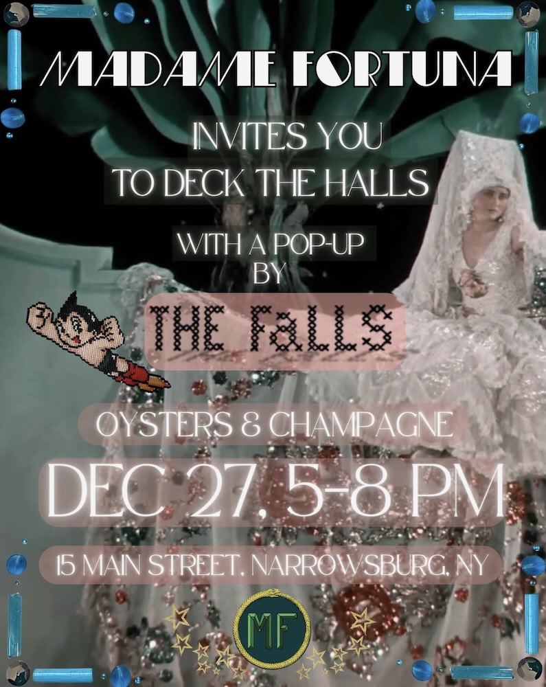 A festive invitation featuring elegant decorations, announcing a pop-up event with details about oysters, champagne, and a date in Narrowburg, NY.
