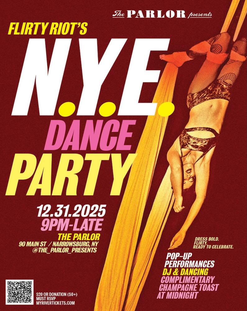 A vibrant flyer for a New Year's Eve dance party featuring event details, including pop-up performances, dancing, and complimentary champagne at midnight.