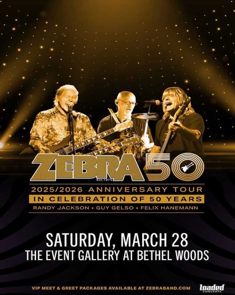 Promotional poster for Zebra's 50th Anniversary Tour, featuring names of band members, event date, and venue details.
