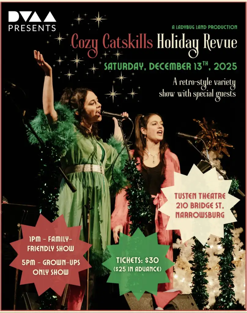 A holiday revue poster featuring two performers in festive attire, promoting a variety show with details about the date, venue, and ticket prices.