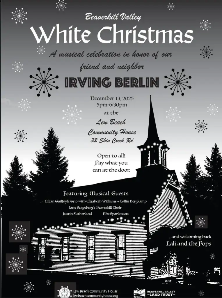 A promotional poster for a musical celebration titled 'White Christmas' honoring Irving Berlin, featuring a community house and details of the event.