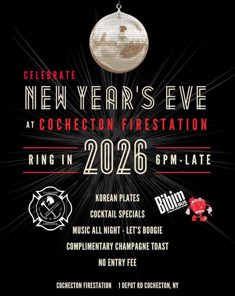 A festive New Year's Eve invitation featuring a disco ball, details for a celebration at Cochecton Firestation with food, drinks, and music.