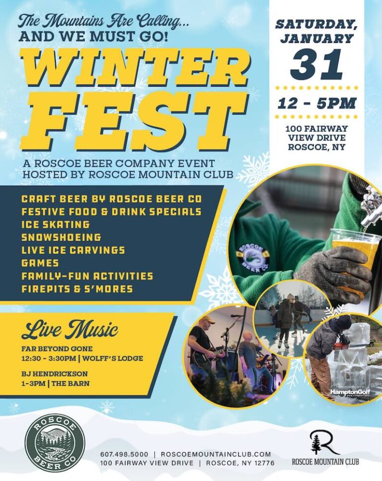 Promotional flyer for Winter Fest hosted by Roscoe Beer Company and Roscoe Mountain Club, featuring activities, food, and live music.