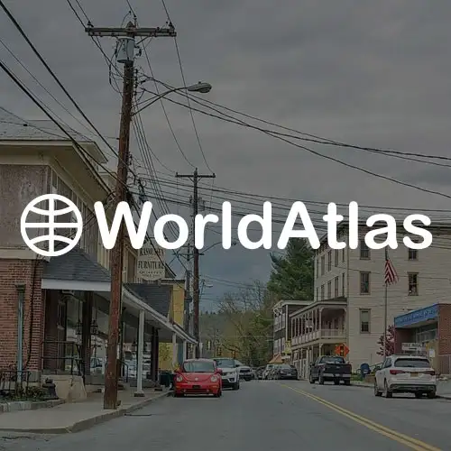A quiet street scene featuring small shops, parked cars, and power lines under a cloudy sky.