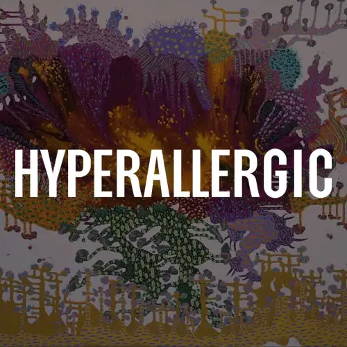 A vibrant, abstract artwork featuring a blend of colors and organic shapes, with the word 'HYPERALLERGIC' prominently displayed in bold typography.