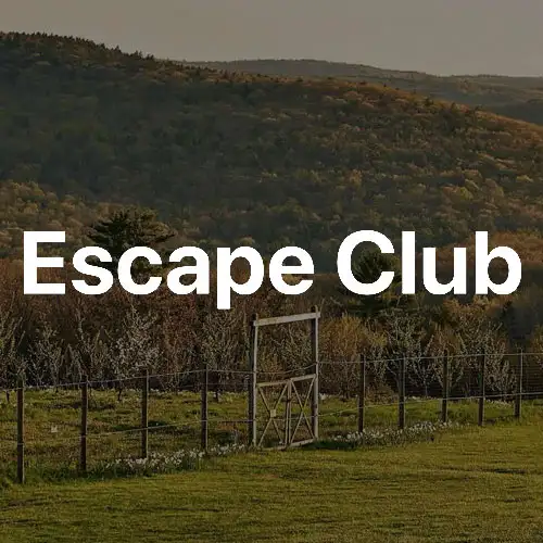 A serene landscape with rolling hills and a fence, featuring the text 'Escape Club' prominently displayed.