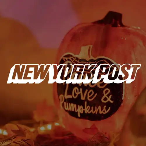 A decorated pumpkin with the words 'Love & Pumpkins' inscribed on it, surrounded by warm, glowing lights.
