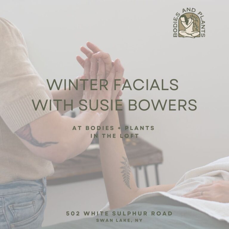 A promotional image for winter facials with Susie Bowers at Bodies and Plants, featuring a serene setting with hands in focus.