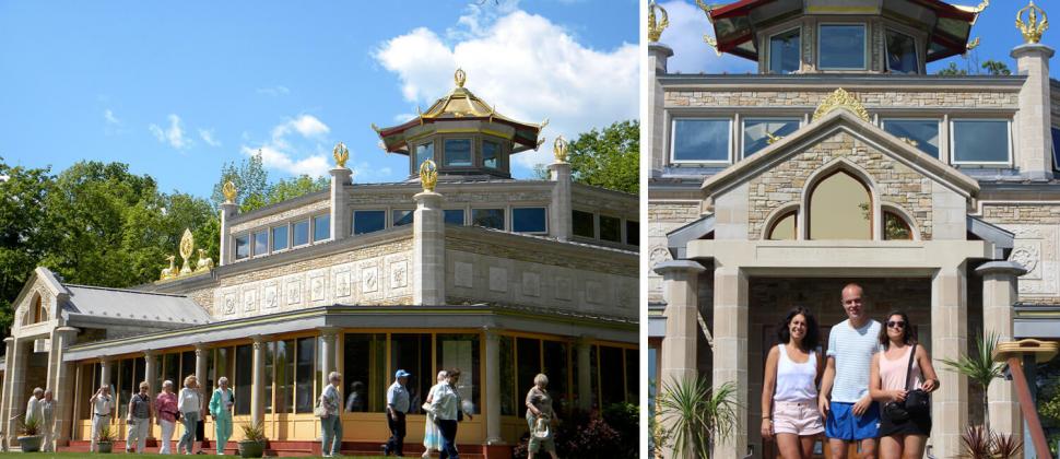 A unique building featuring ornate architecture and a golden spire, surrounded by visitors, with a smaller group of three people posed in front.