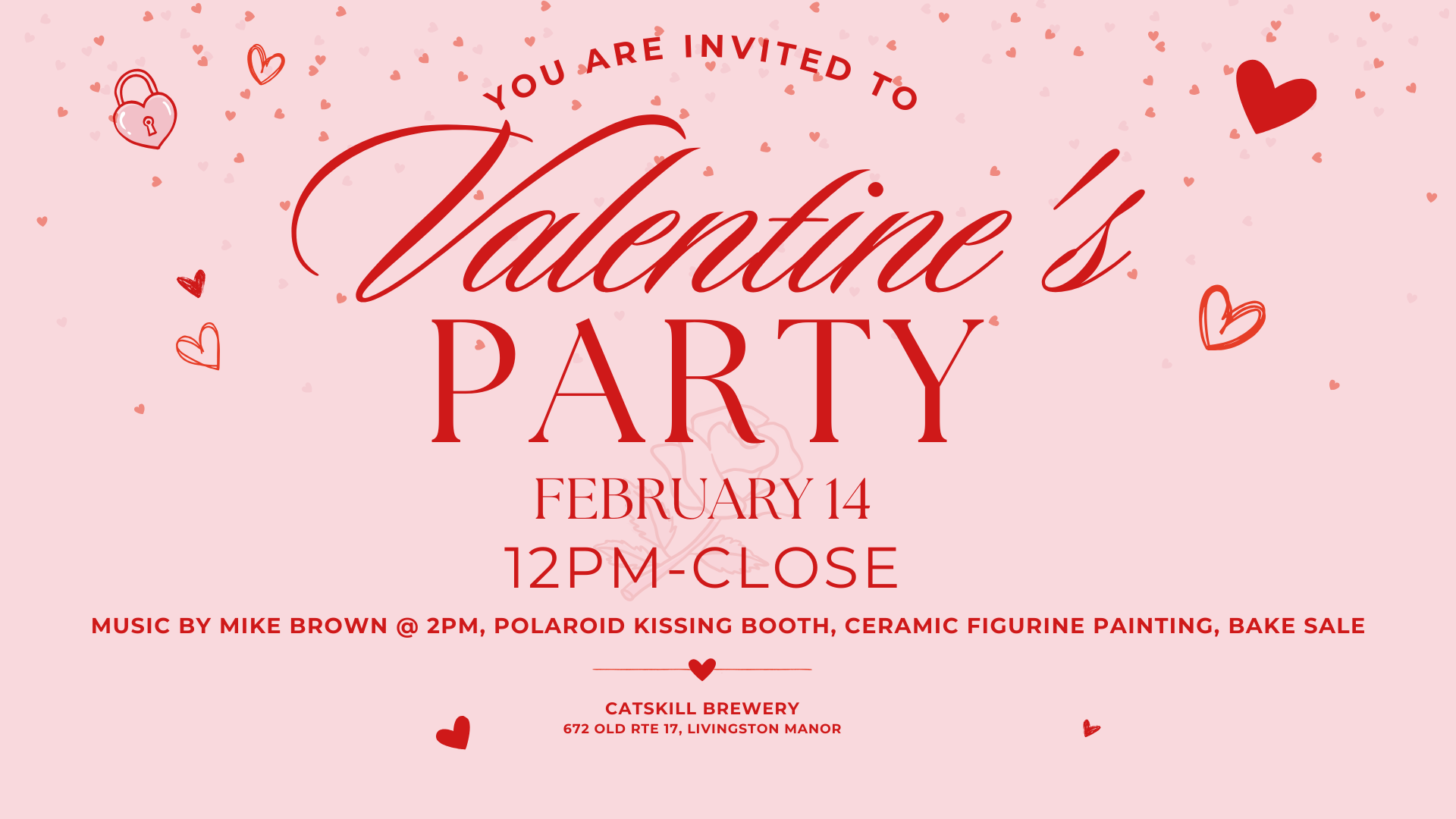 A pink invitation for a Valentine's party on February 14, featuring details about music, activities, and location.