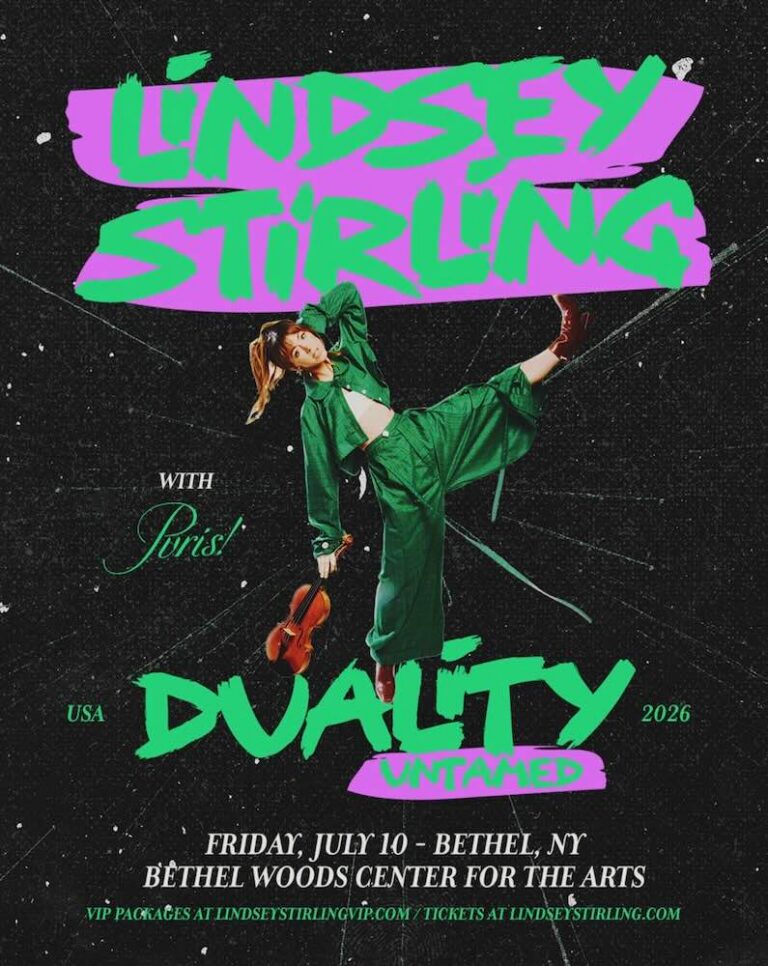 A colorful promotional poster for Lindsey Stirling's 2026 concert titled 'Duality' at Bethel Woods Center for the Arts.