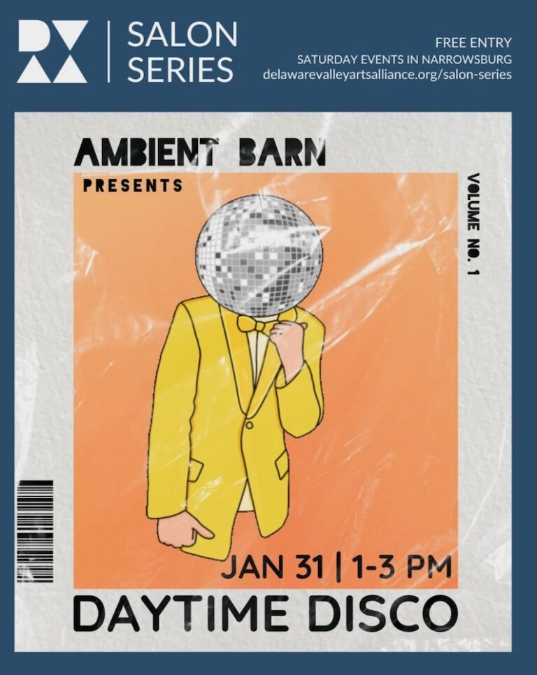 A bright poster for an event titled "Daytime Disco" featuring a figure in a yellow suit and a disco ball for a head.