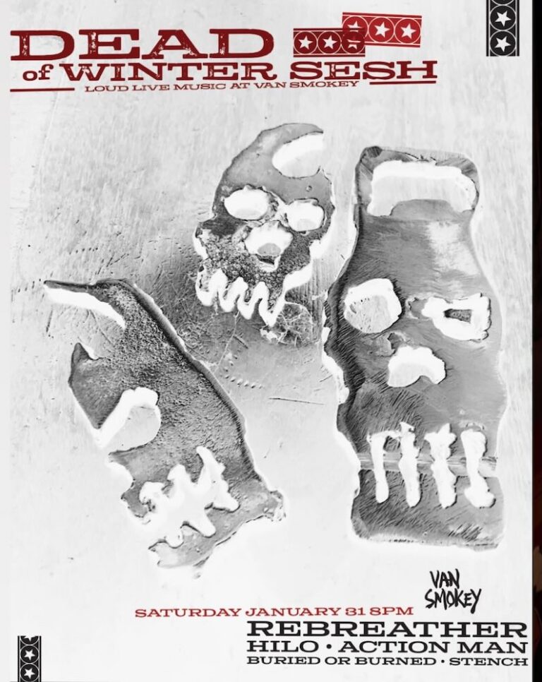 A promotional poster for a live music event featuring skull illustrations and band names including Rebreather and Hilo, set for January 31.