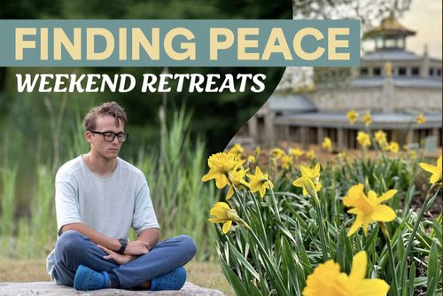 A tranquil scene featuring a man meditating among flowers, promoting weekend retreats focused on finding peace.