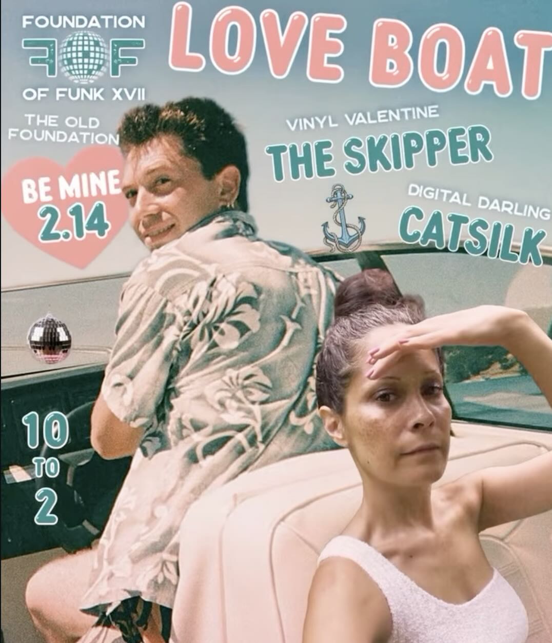 A retro-themed collage featuring two individuals on a boat, with playful text about love, vinyls, and a fun party vibe.