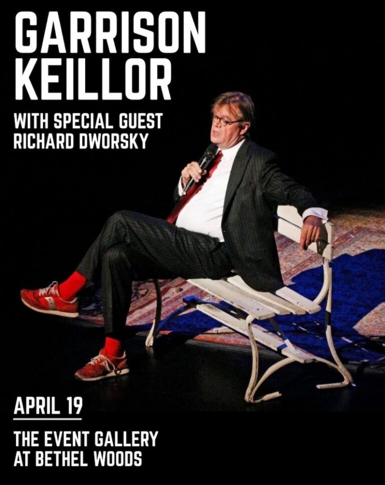 A man sitting on a bench, promoting a performance with details about the event, date, and special guest.