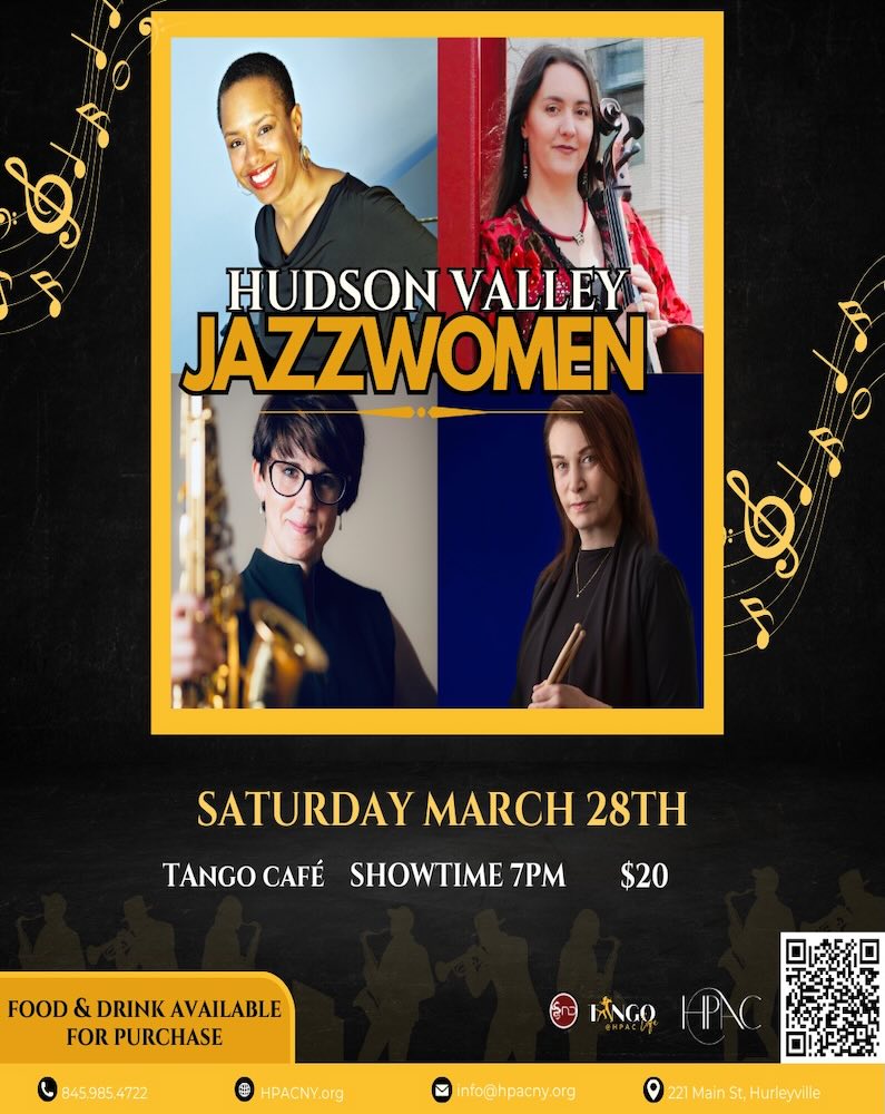 Promotional poster for the Hudson Valley Jazzwomen event, featuring four women musicians, with event details and a musical theme.