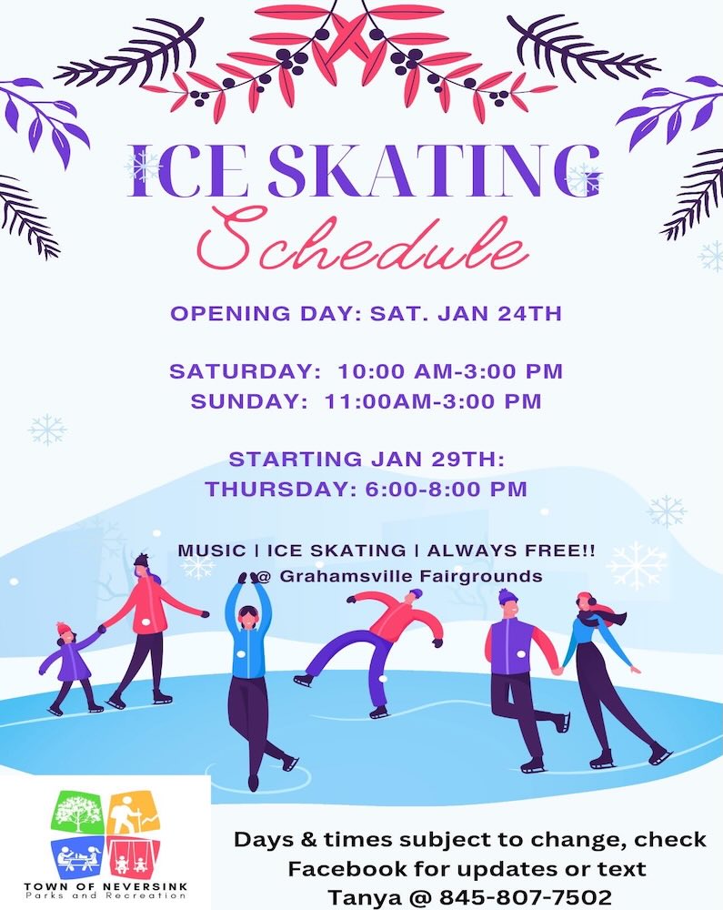A colorful ice skating schedule poster with details on opening day, times, and contact information, featuring illustrations of people skating.