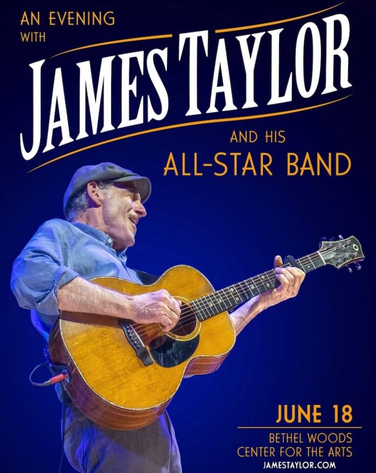 Promotional poster for a concert featuring James Taylor and his All-Star Band, highlighting the date and venue details.