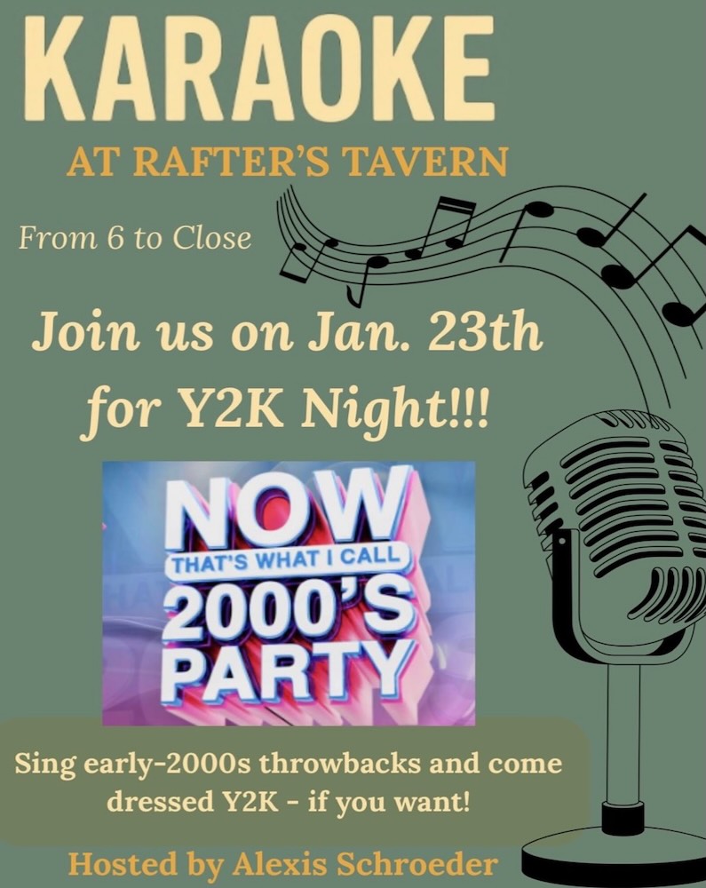 Veranstaltungsplakat für einen Karaoke-Abend mit Y2K-Themen und Musik aus den frühen 2000er Jahren in der Rafter's Tavern, moderiert von Alexis Schroeder.