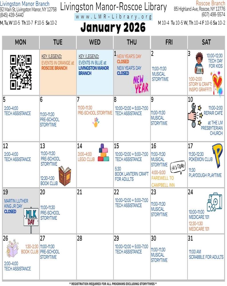 A calendar for January 2026 detailing events and activities at the Livingston Manor-Roscoe Library, highlighting community engagement and special programming.