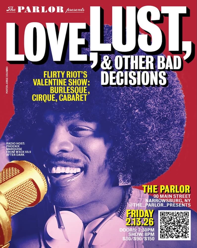 A poster for a Valentine’s show titled 'Love, Lust, & Other Bad Decisions' featuring a smiling performer with an afro and a microphone.