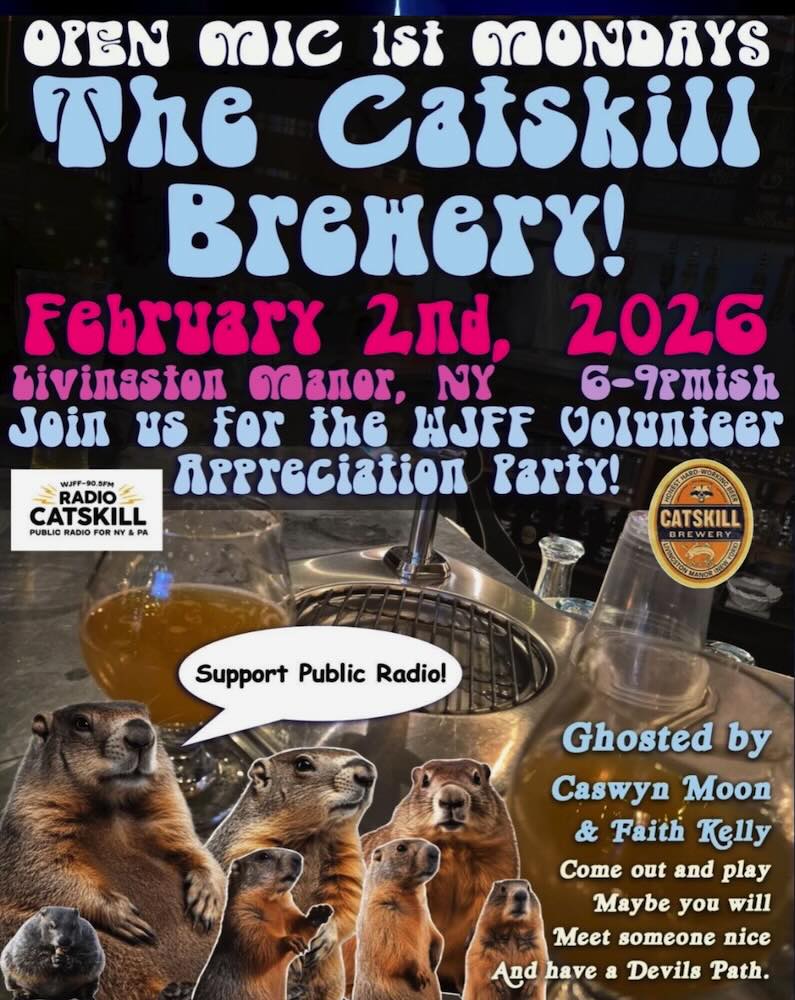 A colorful poster promoting an open mic event at the Catskill Brewery, featuring details about the date, location, and guest hosts.