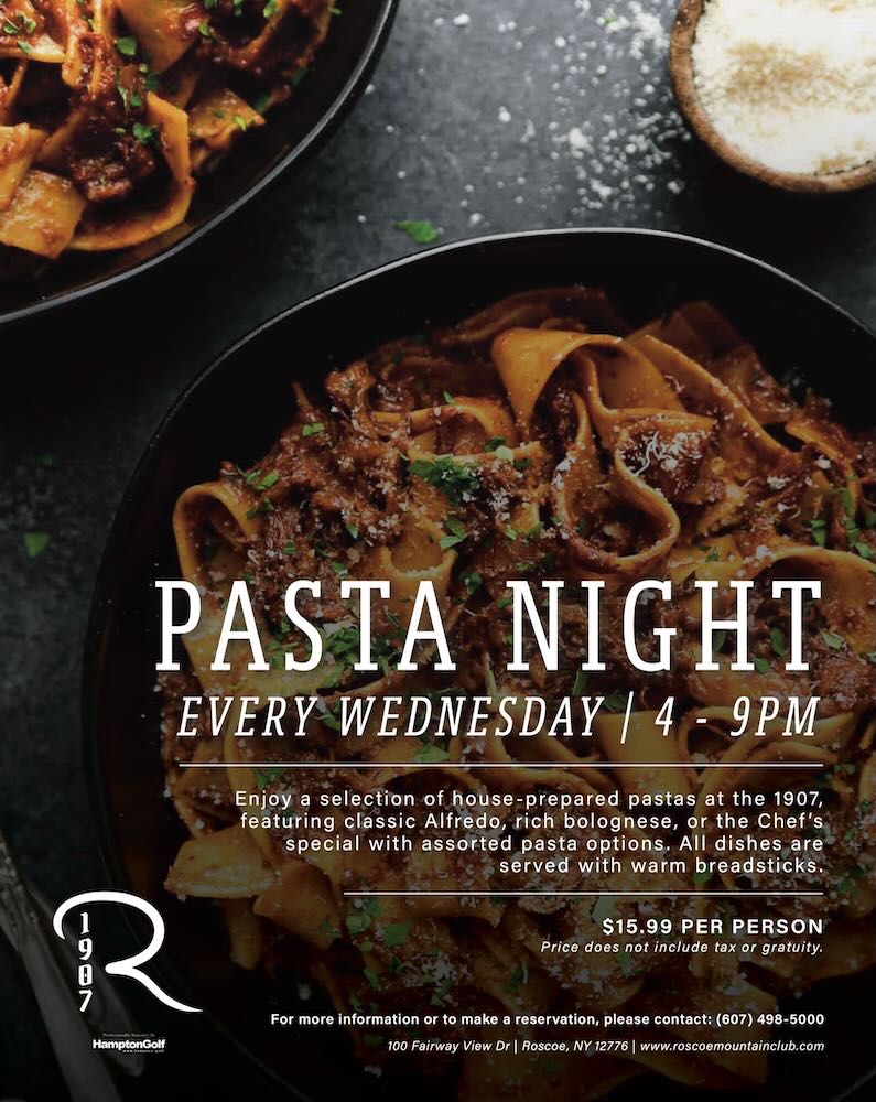 Promotional flyer for Pasta Night at a restaurant, highlighting various pasta dishes, time, and pricing details.
