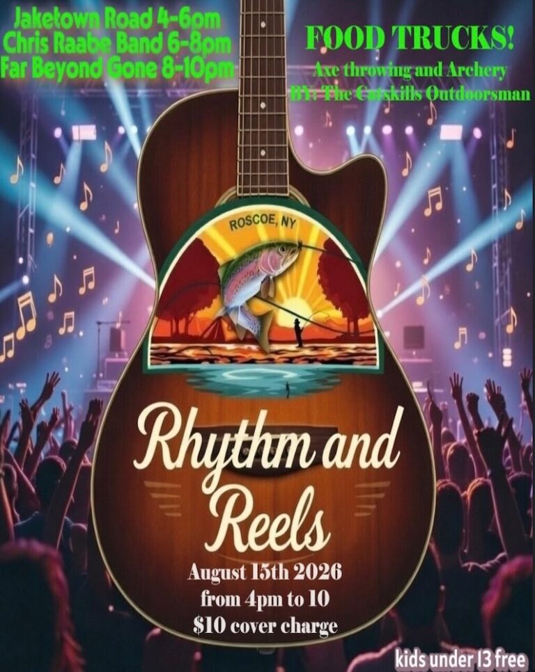 Colorful poster advertising the 'Rhythm and Reels' event featuring food trucks and live music on August 15th, 2026, in Rodeo, NY.